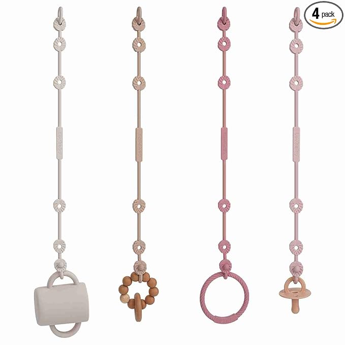 Toy Safety Straps,Silicone Pacifier Clips, Adjustable Stretchable Sippy Cup Straps for Strollers, High Chair, Cribs, Hanging Baskets, Car Seat, Shopping Trolley, 4 Pack, BPA Free