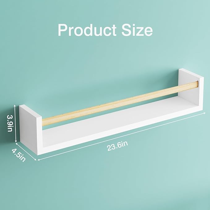 Fixwal Nursery Book Shelves, 23.6 Inch Floating Bookshelves for Wall Set of 4, Baby Nursery & Playroom Decor, Solid Wood Wall Mounted Shelves for Books and Toys Storage (White and Natural Wood)