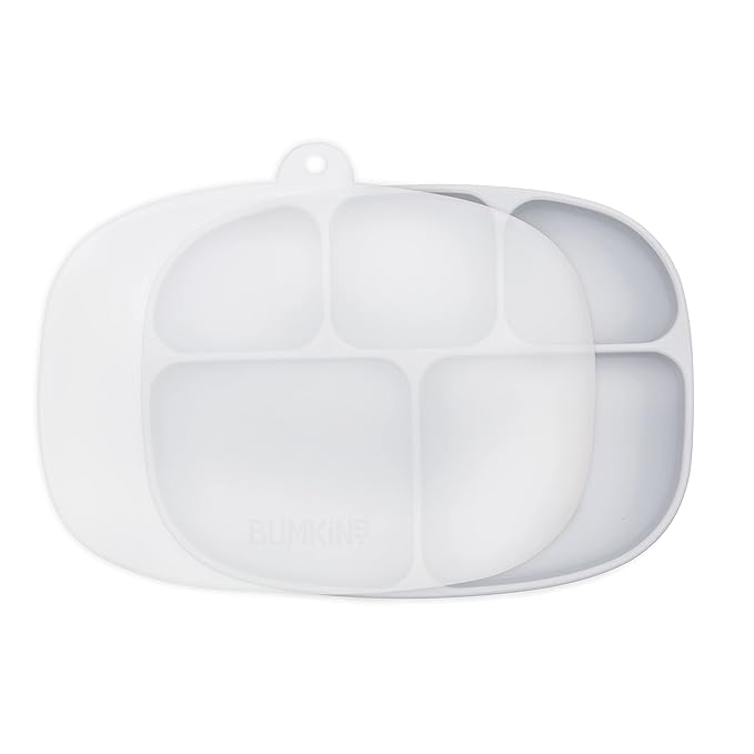 Bumkins Toddler and Baby Suction Plate, Silicone Divided Grip Dish and Lid, Large 5-Section Tray for Kids, Essentials in Children Feeding Supplies, Non Skid Stick Bottom, for Ages 6 Months Up, Gray