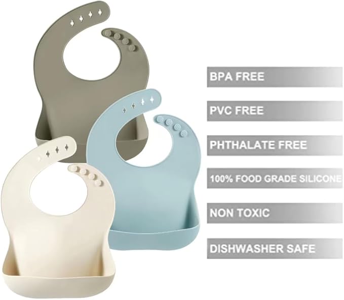 PandaEar Set of 3 Silicone Baby Bibs Waterproof, Soft, Unisex, 10-72 Months