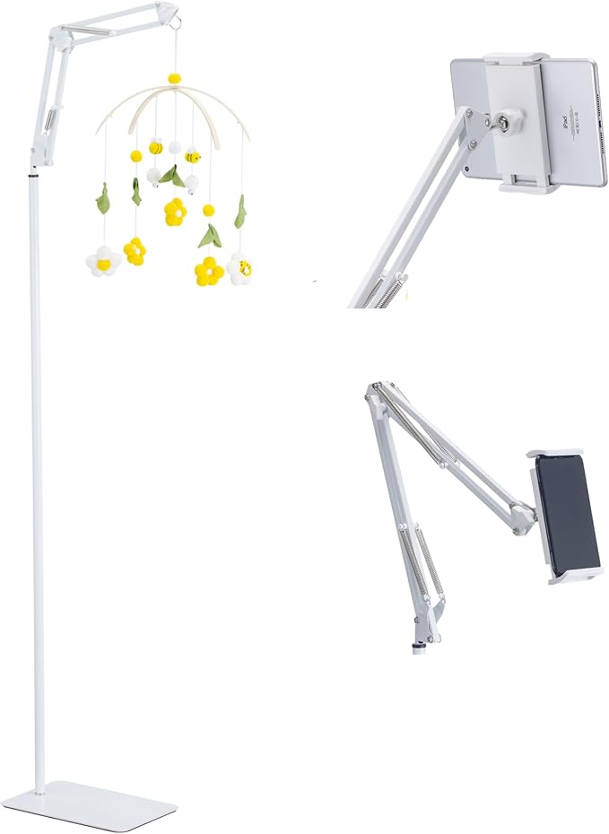 Metal White Floor Stand for Crib Mobile Arm,3Lbs Sturdy Base,68.9“-31" Height Adjustable,Nursery Mobile Floor Holder Hanger Compatible with Baby Cribs Mobile Hanging & Bassinets