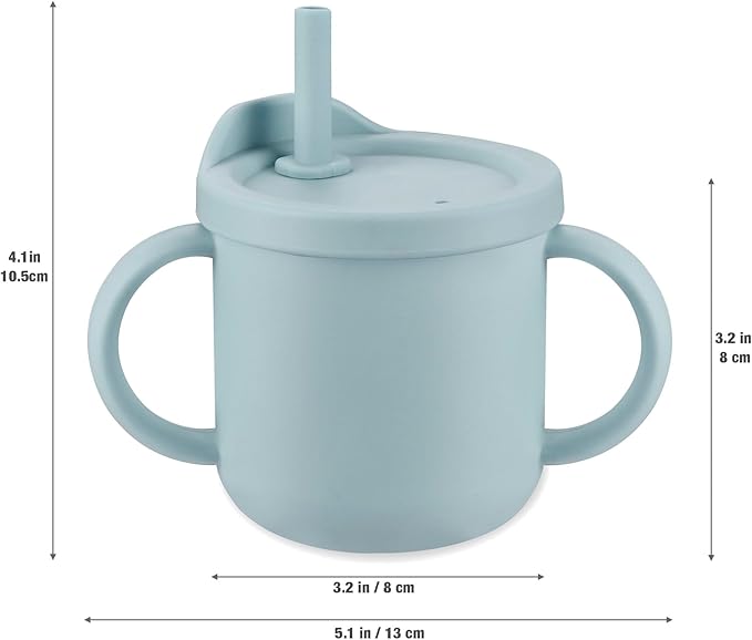 PandaEar Silicone Baby Feeding Set| 2 Pack Silicone Divided Suction Plate and 2 Pack Tiny Cup with 2 Spoons 2 Forks| Baby Led Weaning Supplies Self Feeding Eating Utensils (Light Blue/Light Green)