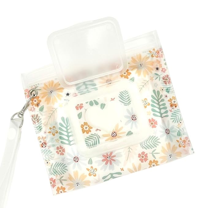Portable & Refillable Wet Wipe Pouch - Reusable Baby Wipes Holder & Container, Mini Floral Love, 2pcs