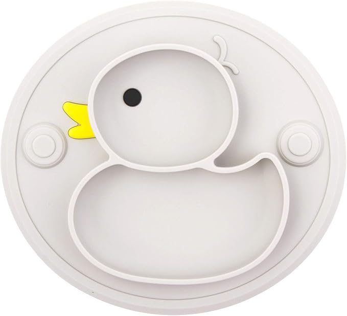 Linowos Baby Divided Plate Silicone- Portable Non Slip Child Feeding Plate with Suction Cup for Children Babies and Kids BPA Free Baby Dinner Plate Microwave Dishwasher Safe … (Duck-Gray)