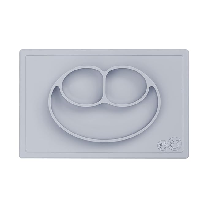 ezpz Happy Mat (Pewter) - 24 Months+ - 100% Silicone Suction Placemat + Divided Plate with Three Compartments - Toddler + Preschool Essentials