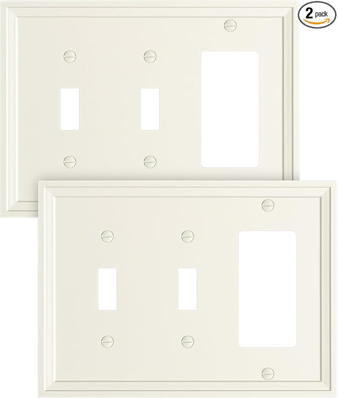 2-Pack Combo Decorator/Double Toggle Light Switch Cover Plate, Light Almond Modern Decorative Electrical Outlet Covers, Bamboo Fiber Wall Switch Plates and Outlet Covers