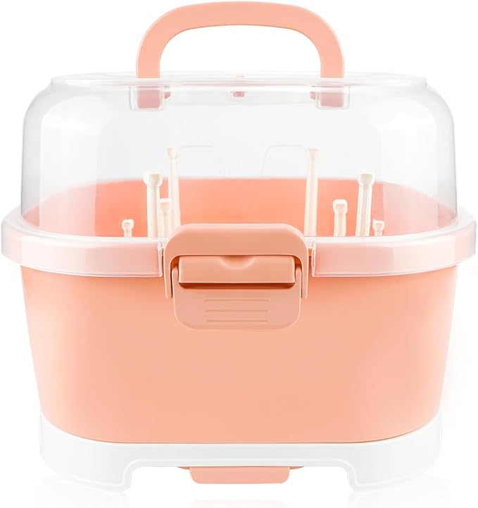 DOERDO Baby Bottle Drying Rack, Portable Large Capacity Toddler Bottles Storage Box with Cover Portable Kitchen Cabinet Organizer for Home Kitchen, 11.6x9.4 Inch, Orange