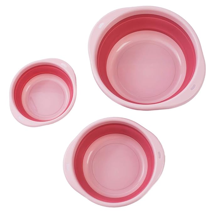 ORIZZP 3-Pack Collapsible Wash Basin Set, Baby Kids Wash Basin Dish Tub for Travel Home, 3 Different Sizes Set Space Saving Pink Big Volume