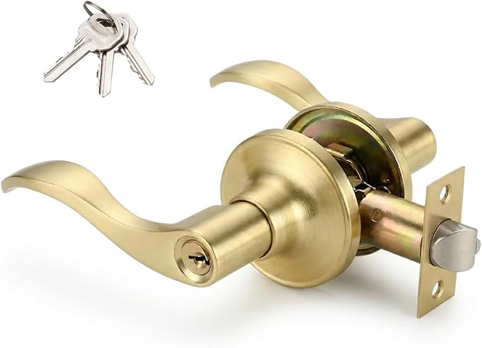 1 Pack of HENYIN Wave Lever Keyed Entry Door Lock/Door Knob Hardware Handle and Closet Lockset, Gold Color, with Key,Left Hand(805-G-L)