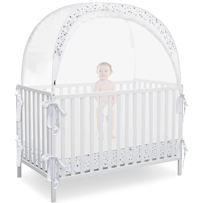 L RUNNZER Baby Pop Up Crib Tent, Crib Net to Keep Baby from Climbing Out, Crib Canopy Cover Against Falling and Bites, Strong Frame & Soft Breathable Mesh, White+stars