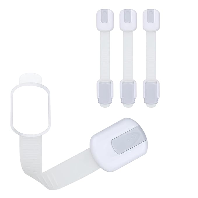 CUTESAFETY - Child Safety Cabinet Locks (4 Pack) – Adjustable Baby Proofing Strap Latches with Strong 3M Adhesive – No Drill Childproof Locks for Drawers, Cabinets, Fridge, Door, Closet, Grey