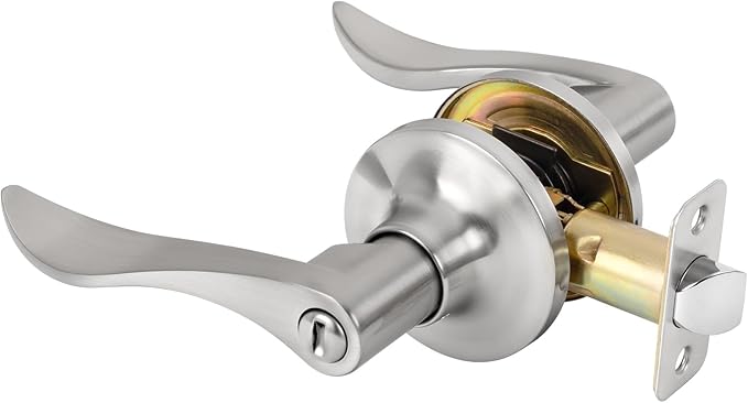 Privacy Door Handle with Lock Keyless Door Lever for Bathroom and Bedroom Satin Nickel Wave Style Interior Door Handles