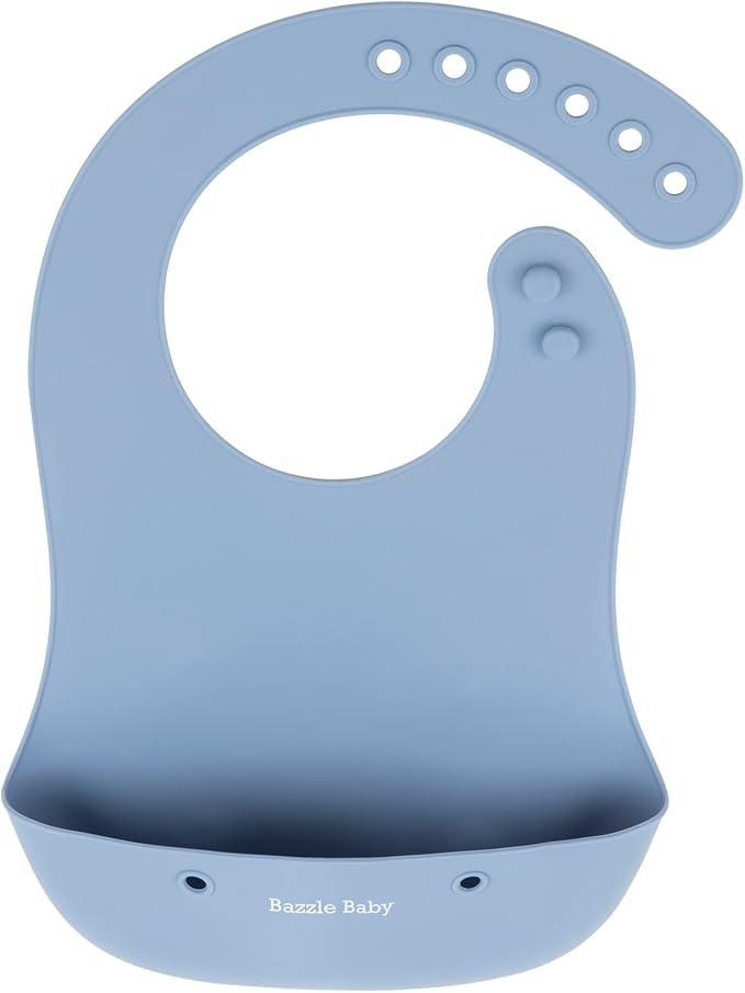 Bazzle Baby Silicone Bibs with Food Catcher - Rolls Up and Button closed for easy travel and storage Waterproof 2-Pk