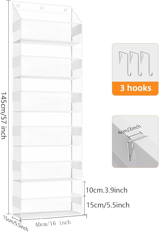 Over the Door Organizes- 6 Tier Stuffed Animal Storage, Bathroom Organizers and Storage, Swing-proof Hanging Organizer for Toys/Nursery Newborn Baby Essential Stuff (Clear)