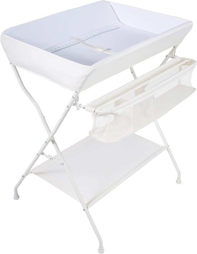 Costzon Changing Table, Portable Baby Changing Table Foldable Diaper Changing Station with Safety Belt, Large Storage Rack & Shelf, Nursery Organizer for Newborn Infant (Beige)