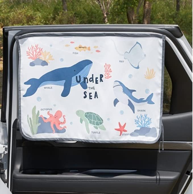 BEBEDECO Magnetic Car Sun Shade Curtain for Side Window – Sun Blocker and UV Protector for Baby, Kids, and Pets – Universal Fit with Built-in Magnets for Steel-Framed Door (Sea Friends)