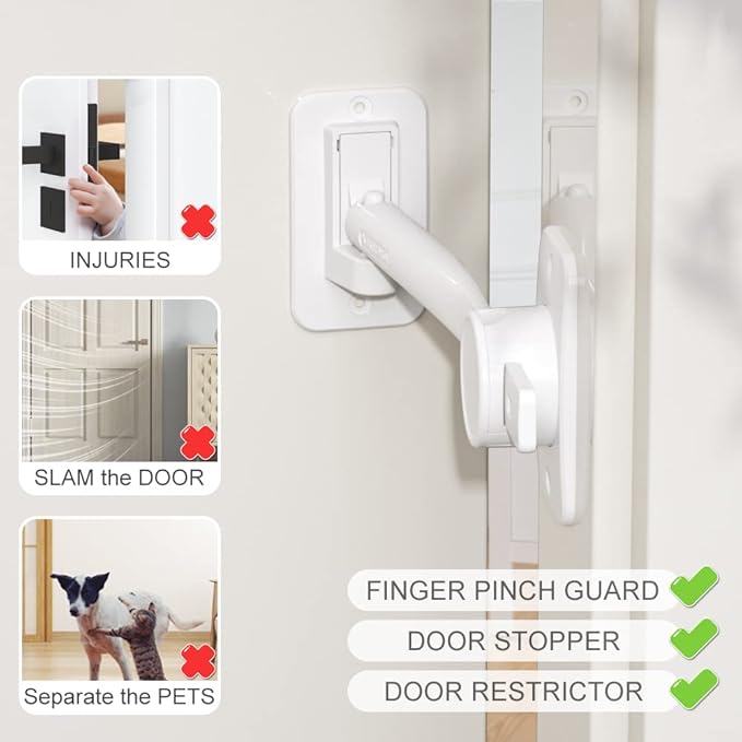 EUDEMON 1 Pack Child Proof Door Finger Pinch Guard, Baby Door Stopper& Door Latch, Adjustable Door Lever Handle for Pets, Great Door Lock for Dogs, Easy Cats Entry(White)