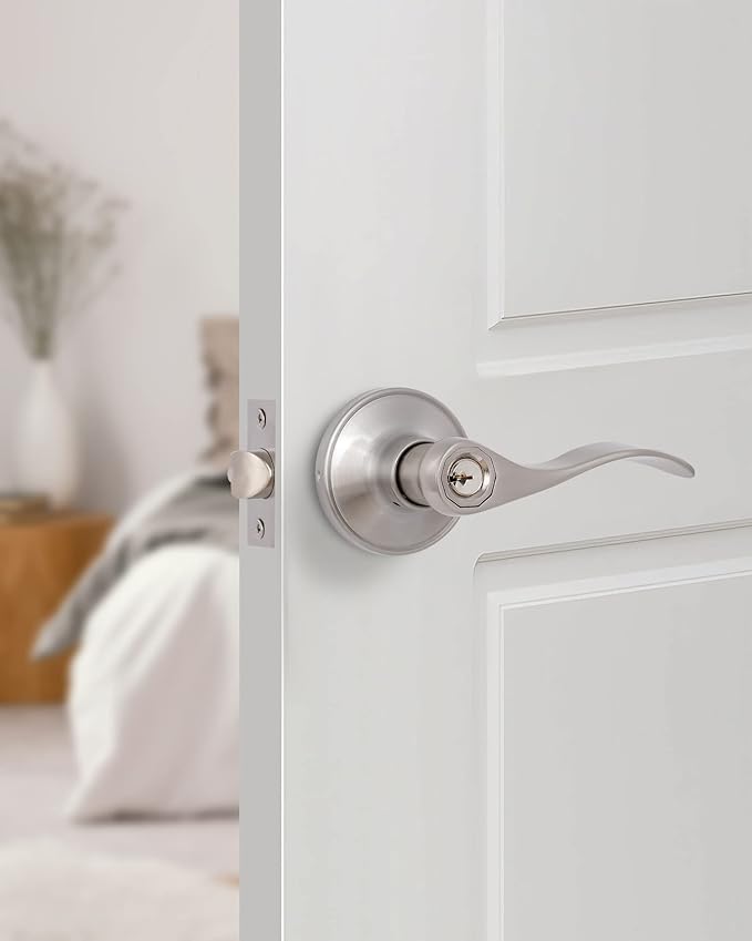 (3 Pack) Door Levers Interior Keyed Difference Entry Front/Bedroom Door Handles for Left and Right Opened Door with Lock and Keys Set in Satin Nickel