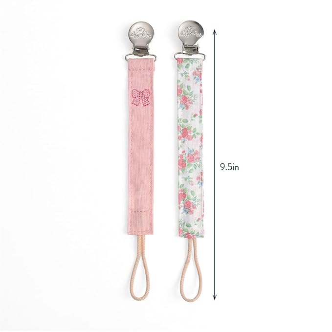 Itzy Ritzy Fabric Pacifier Strap – Universal Pacifier Clip Attaches to Clothing, Strollers & Bags - Keeps Pacifiers, Teethers & Toys Secure & Within Reach - Pack of 2 (Bows & Floral)