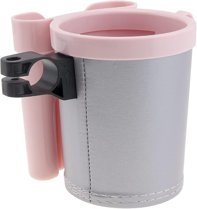 Tobefore Bike Cup Holder ABS+PU Leather with Phone Mount and Keys Hook，Adjustable Drink Holder for Bicycle Handlebar,Universal Coffee Cup Holder for Bicycle, Wheelchair, Scooter and Walker(Gray Pink)