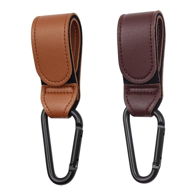 Multi- Function Great Travel Accessory,Baby Stroller Hooks, Leather Stroller Clips for Diaper Bags Pet Carts Grocery Shopping Bags. (Brown+Coffee)