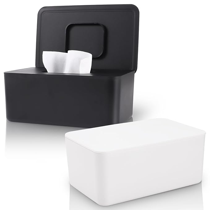 2 Pack LEQXGO Baby Wipes Dispenser, Wipes Dispenser Baby Wipes Case, Baby Wipe Holder for Fresh Wipes, Non-Slip Wipes Case, Wipe Container with Sealing Design Lid (Black and White)