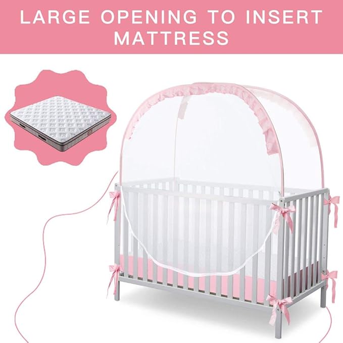 L RUNNZER Baby Pop Up Tent Cover Crib, Pink Crib Tent to Keep Baby in,See Through Crib and Nursery Soft Mesh Cover(55.2" L x 27.6" W x 51.6" H)