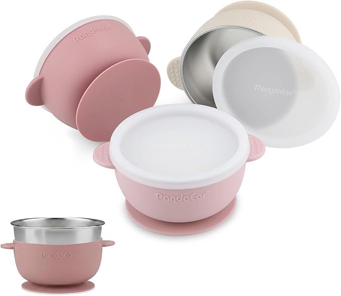PandaEar 3 Pack Stainless Steel Baby Suction Bowls, Non-Slip Child Food Bowl with Silicone Sleeve for Kids Toddlers Infants, Unbreakable & Mess Free (Pink, With Lids)