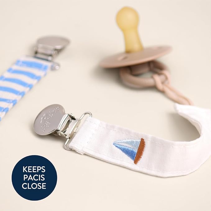 Itzy Ritzy Fabric Pacifier Strap – Universal Pacifier Clip Attaches to Clothing, Strollers & Bags - Keeps Pacifiers, Teethers & Toys Secure & Within Reach - Pack of 2 (Boat Stripe)
