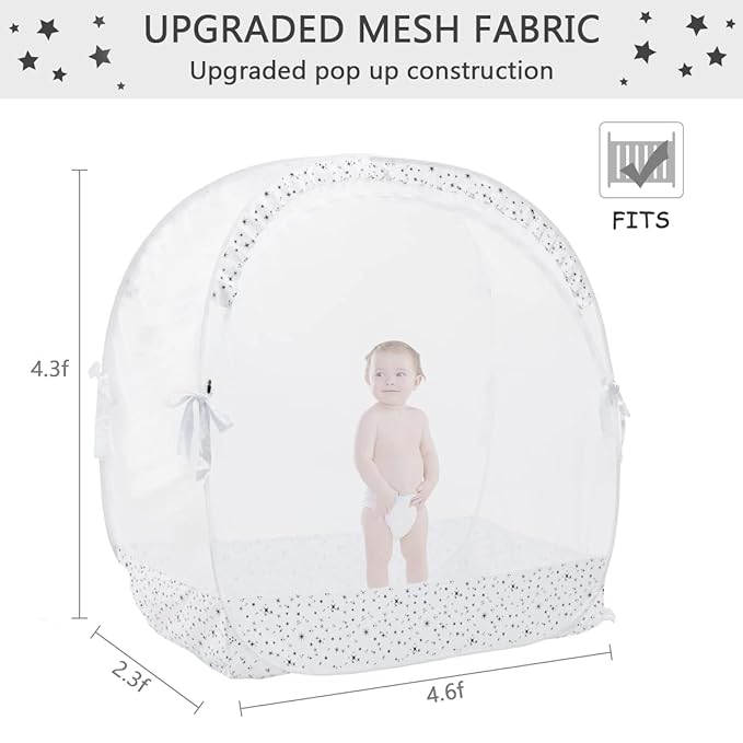 L RUNNZER Baby Pop Up Crib Tent, Crib Net to Keep Baby from Climbing Out, Crib Canopy Cover Against Falling and Bites, Strong Frame & Soft Breathable Mesh, White+stars