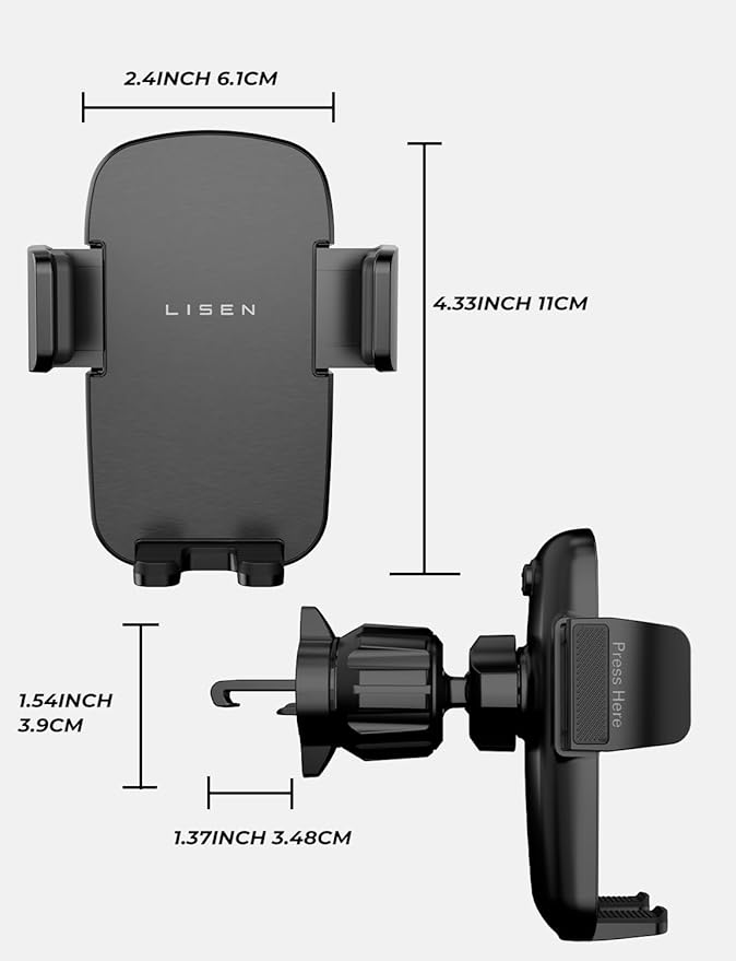 LISEN Car Phone Mount, Phone Holders for Your Car [Thick Cases Friendly] Car Vent Phone Holder & Metal Hook Truck Jeep Accessories for iPhone 17 Air Pro Samsung Google and All 4-7'' Phone
