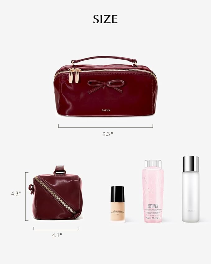 EACHY Travel Makeup Bag, Large Capacity Cosmetic Bag for Women, Waterproof PU Leather, Flat Open Portable Toiletry Bag for Skincare, Brushes & Travel Essentials
