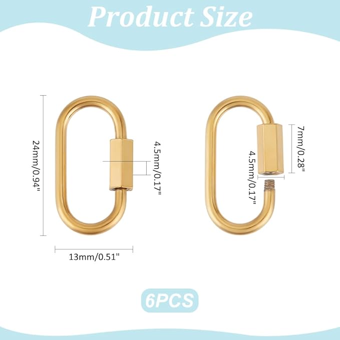 UNICRAFTALE 6 Golden Oval Screw Lock Carabiner Clips, Stainless Steel Keychain Hooks for Jewelry Making, Handbag Accessory