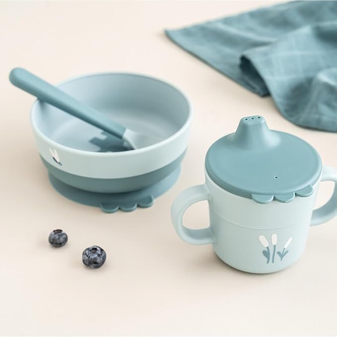 Done by Deer Foodie First Meal Set with Suction Base – Elphee – Blue – 3-Piece Baby Feeding Set with Bowl, Spout Cup & Spoon – Elephant Motif – Microwave & Dishwasher Safe