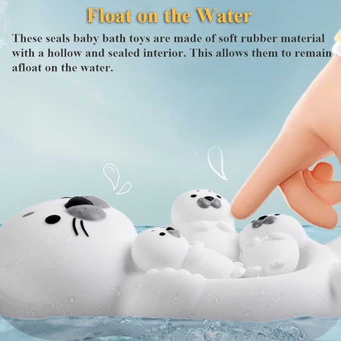 4-in-1 Seal Bathtub Toys | Mother-Baby Floating & Nesting Set | Easy-Clean Non-Toxic Rubber | Fun Montessori Bath-Time Gift for Boys & Girls