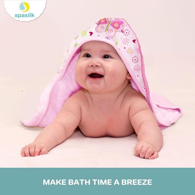 Spasilk Hooded Bath Towel and Washcloths Set for Newborns, 1 Soft Terry Baby Towel and 3 Baby Washcloths, Baby Essentials, Ideal, One Size, Pink Butterfly