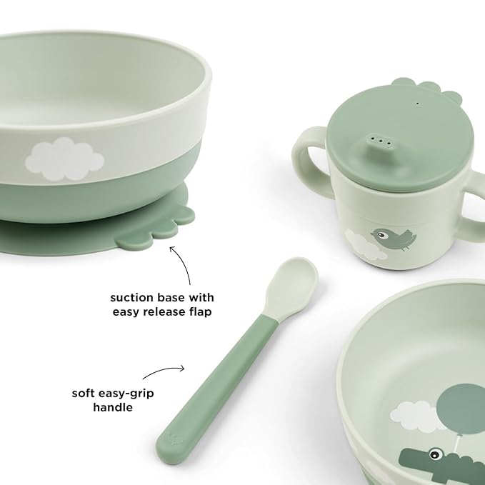 Done by Deer Foodie First Meal Set with Suction Base - Happy Clouds - Green - 3-Piece Toddler Feeding Set with Bowl, 2-Handle Spout Cup & Easy-Grip Spoon - Dishwasher & Microwave Safe