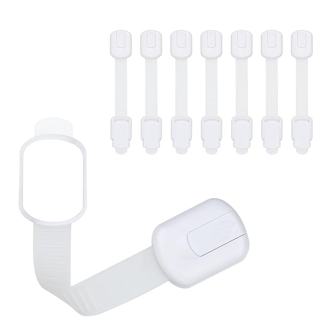 CUTESAFETY - Child Safety Cabinet Locks (8 Pack) – Adjustable Baby Proofing Strap Latches with Strong 3M Adhesive – No Drill Childproof Locks for Drawers, Cabinets, Fridge, Door, Closet, White