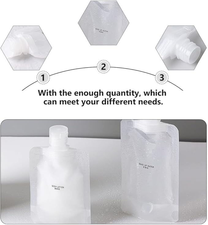 KALLORY Travel Refillable Cosmetic Sub-Packing Bags Set 15Pcs 1 Oz Empty Lotion Sample Pouches for Shampoo Conditioner Creams Toiletries Skin Care Storage