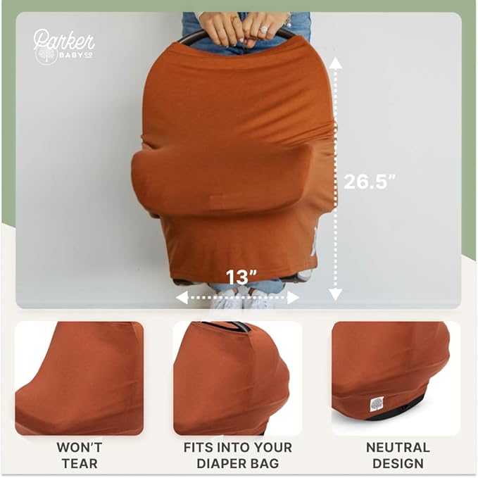 Parker Baby 4 in 1 Car Seat Cover for Girls and Boys - Stretchy Carseat Canopy, Nursing Cover, Grocery Cart Cover, High Chair Cover - “Clay”