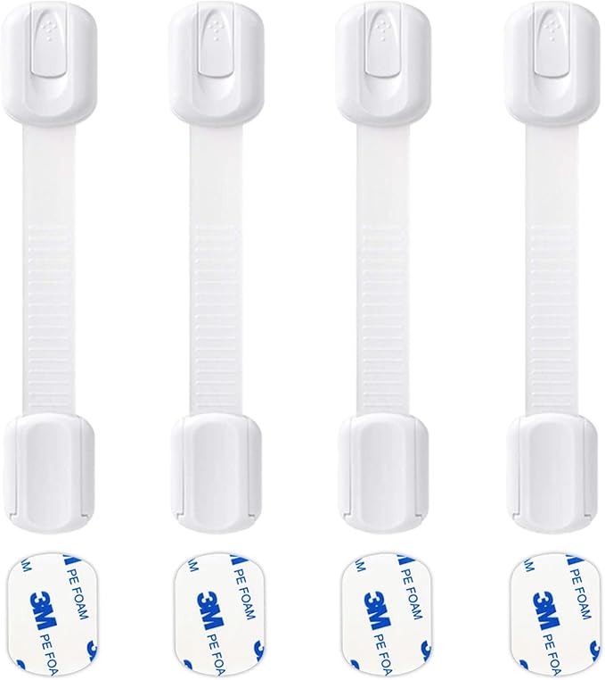 Socub 4 pack Child Safety Cabinets Strap Locks, Multi Use Latch with Strong Adhesive Pads, for Cabinets, Drawers, Oven, Toilet Seat, Fridge