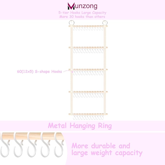 Munzong Headband Holder 52x17 inch, Beige Bow Organizer for Baby Girls, Extra Large Nursery Wall Hanging Clip Storage w/ 60 Hooks, Hair Accessories Organizer Rack Shelf for Toddler Kids Room Decor