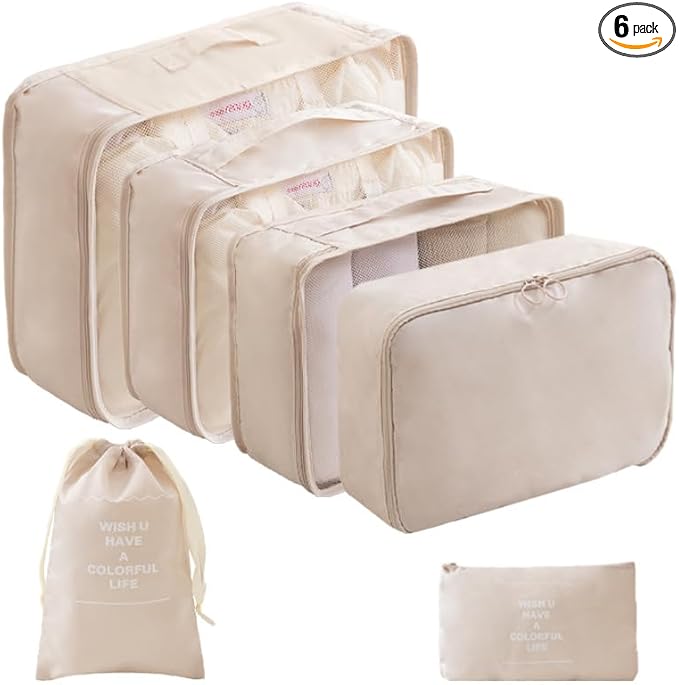 LANSKLBD 6 Set Packing Cubes for Travel, Luggage Organizers with Shoe & Toiletry Bags, Lightweight Suitcase Organizer for Carry-On, Washable Laundry Bags (Beige)