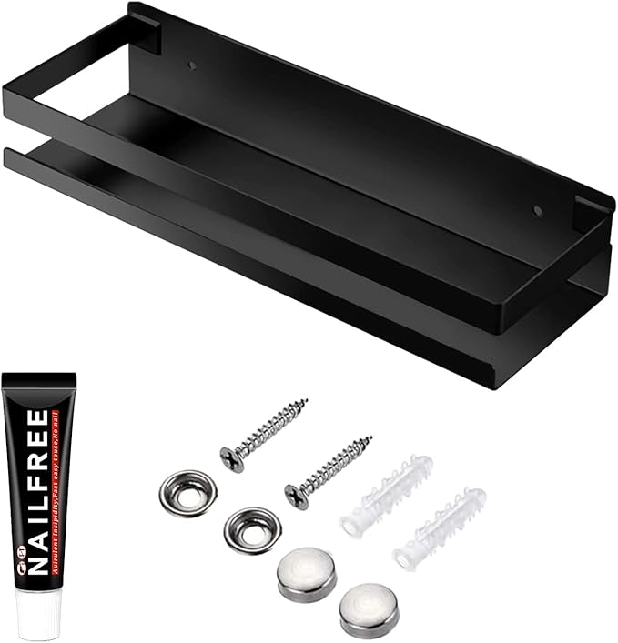 GEINIFAFA Rustproof Metal Storage Floating Shelves Wall Mounted Rectangular Shelf for Bedroom,Bathroom, Living Room, Kitchen, and Laundry Room,Nail-Free Wall-Mounted Shelves（11.8 Inch Black）