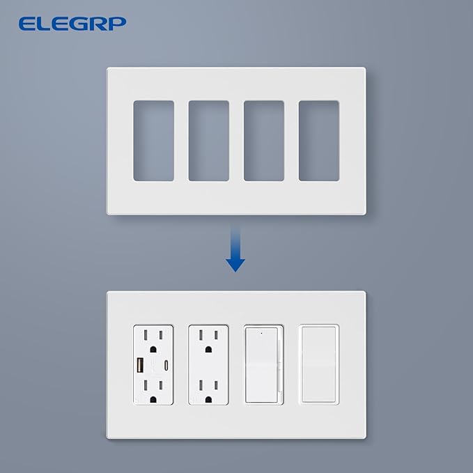ELEGRP 4-Gang Screwless Decorative Wall Plates, Mid-Size Unbreakable Thermoplastic Faceplate Cover for Decorator Receptacle Outlet Switch, UL Listed (1 Pack, Matte White)