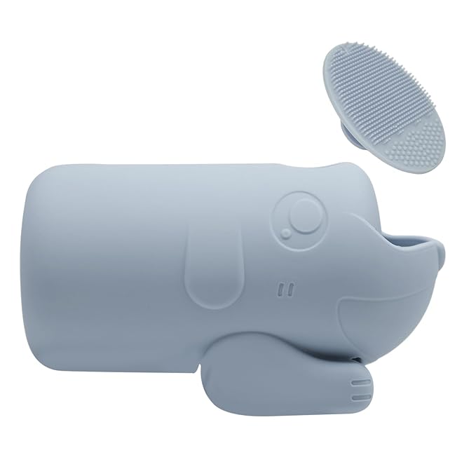 mandoo Faucet Extender for Toddlers, Bath Spout Cover for Baby, Bathtub Faucet Cover for Baby, Toddler Bath Silicone Shower Toys,Head Protector for Kids Safety.（Grey+Brush）