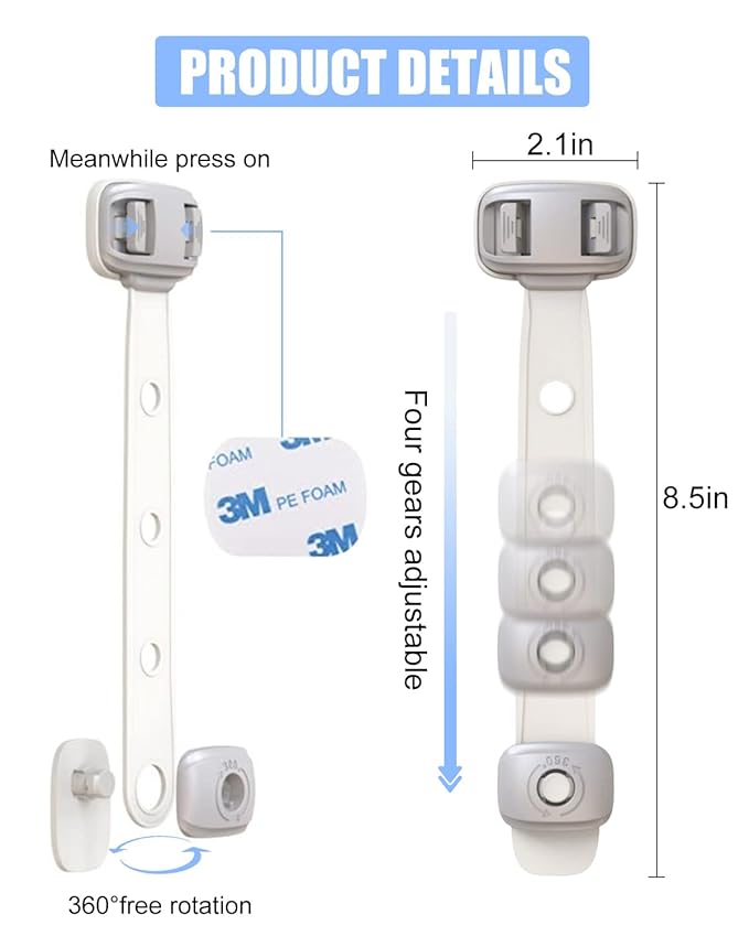 Fridge Locks,Refrigerator Door Lock,Child Proof Safety Cabinet Lock with Strong 3M Adhesives,Fridge Locks for Kids,Adjustable Strap Multi-Purpose for Cabinet,Drawers,Freezer,Oven (2 Count (Pack of 1))