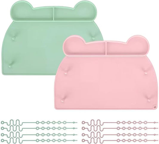 2 Pack Silicone Placemat for Toddlers with Suction Cups & Toy Straps, Busy Baby Mat for High Chair, Restaurant & Travel, Easy Clean Non-Slip Baby Feeding Mat（Green&Pink）