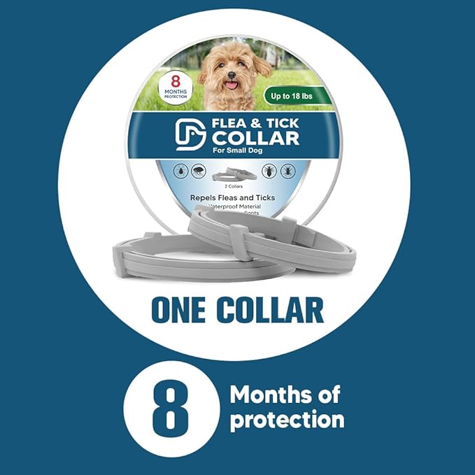 AMDEIUR Flea and Tick Collar for Puppies, Dog Tick Collars, Flea Collar for Small Dogs, Waterproof, 8 Months Protection Each, One Size Fits All-2P