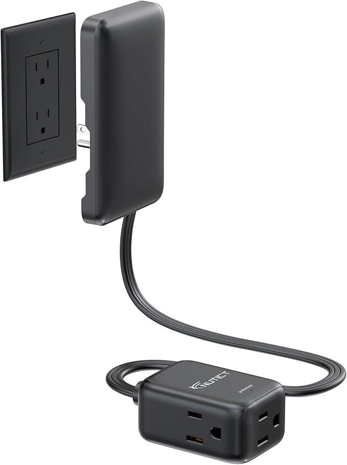 1.5FT Short Flat Extension Cord with 3 Outlets, Flat Wall Plug & Ultra-Thin Outlet Cover, 900J Surge Protection, 13A/1625W, ETL Listed, Black Outlet Extender Plug Behind TV, Couch, Furniture